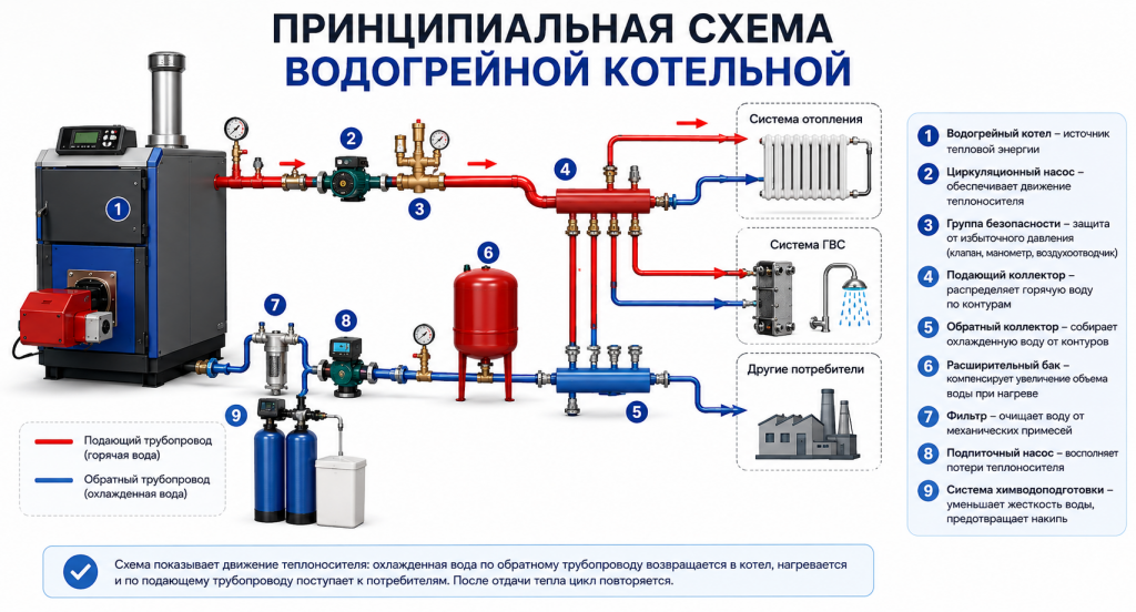 Принципиальная схема водогрейной котельной